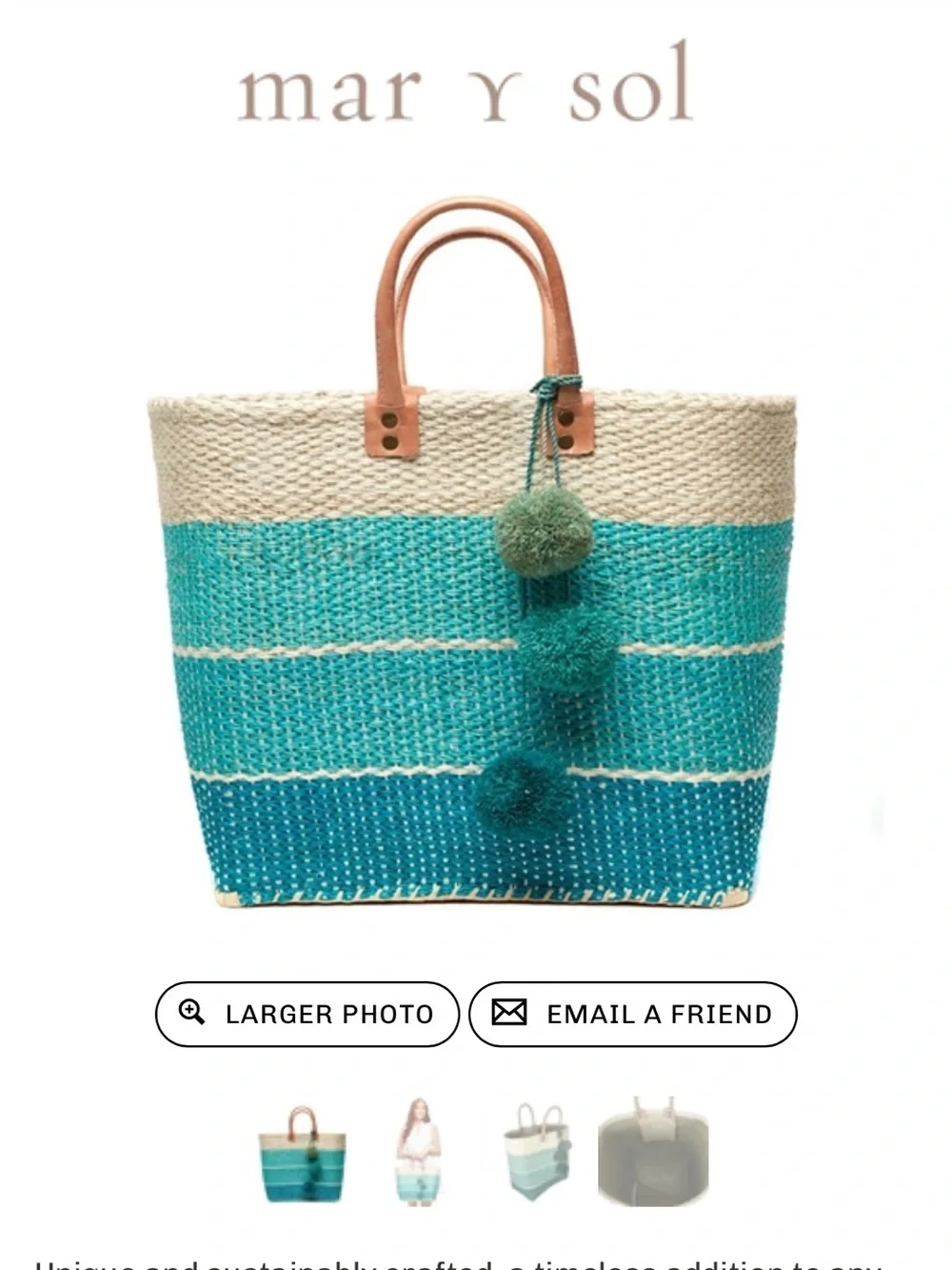 Mar Y Sol Woven Straw Tote Bag with Leather Handles & Pom Pom Charm